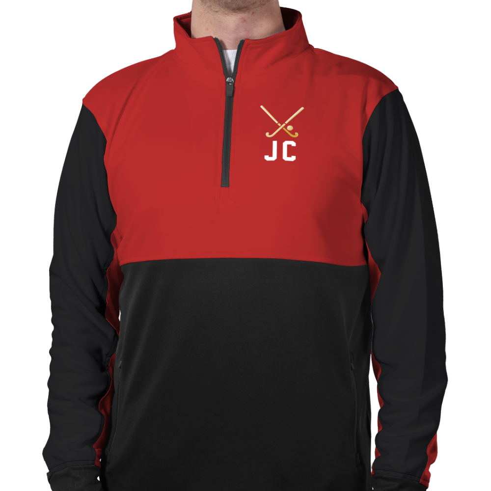 Entwirf ein bedrucktes und besticktes gestricktes Tracksuit-Oberteil Entwirf eine gestrickte Trainingsjacke mit Viertelreißverschluss, bedruckt und bestickt